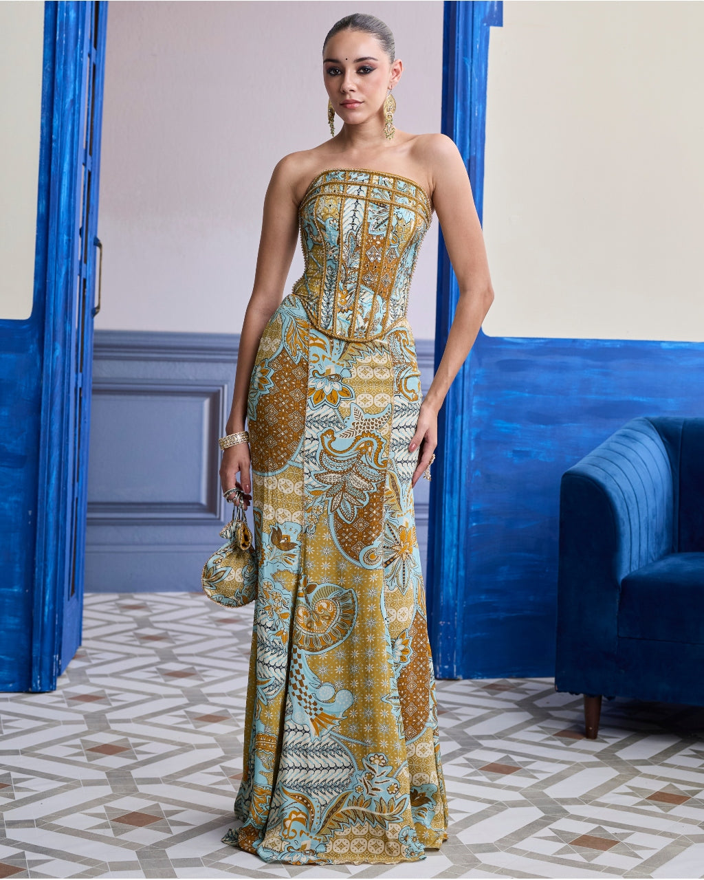 Yellow Structured Corset With Beaded Mermaid Skirt Set