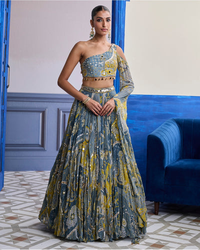Grey Mosaic One-Shoulder Blouse With Flared Sleeves & Lehenga Set