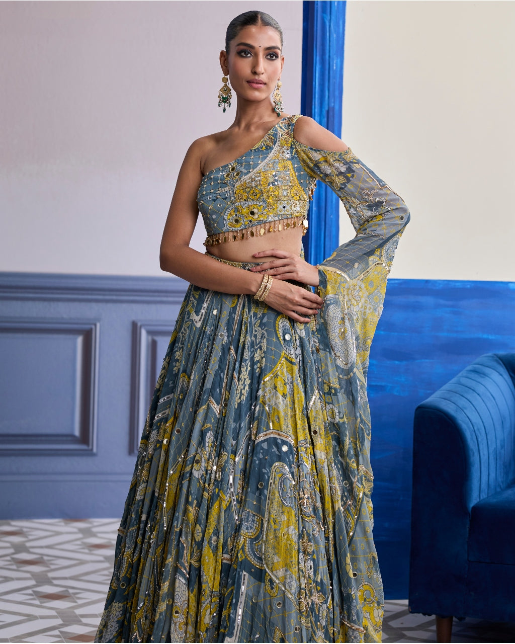 Grey Mosaic One-Shoulder Blouse With Flared Sleeves & Lehenga Set