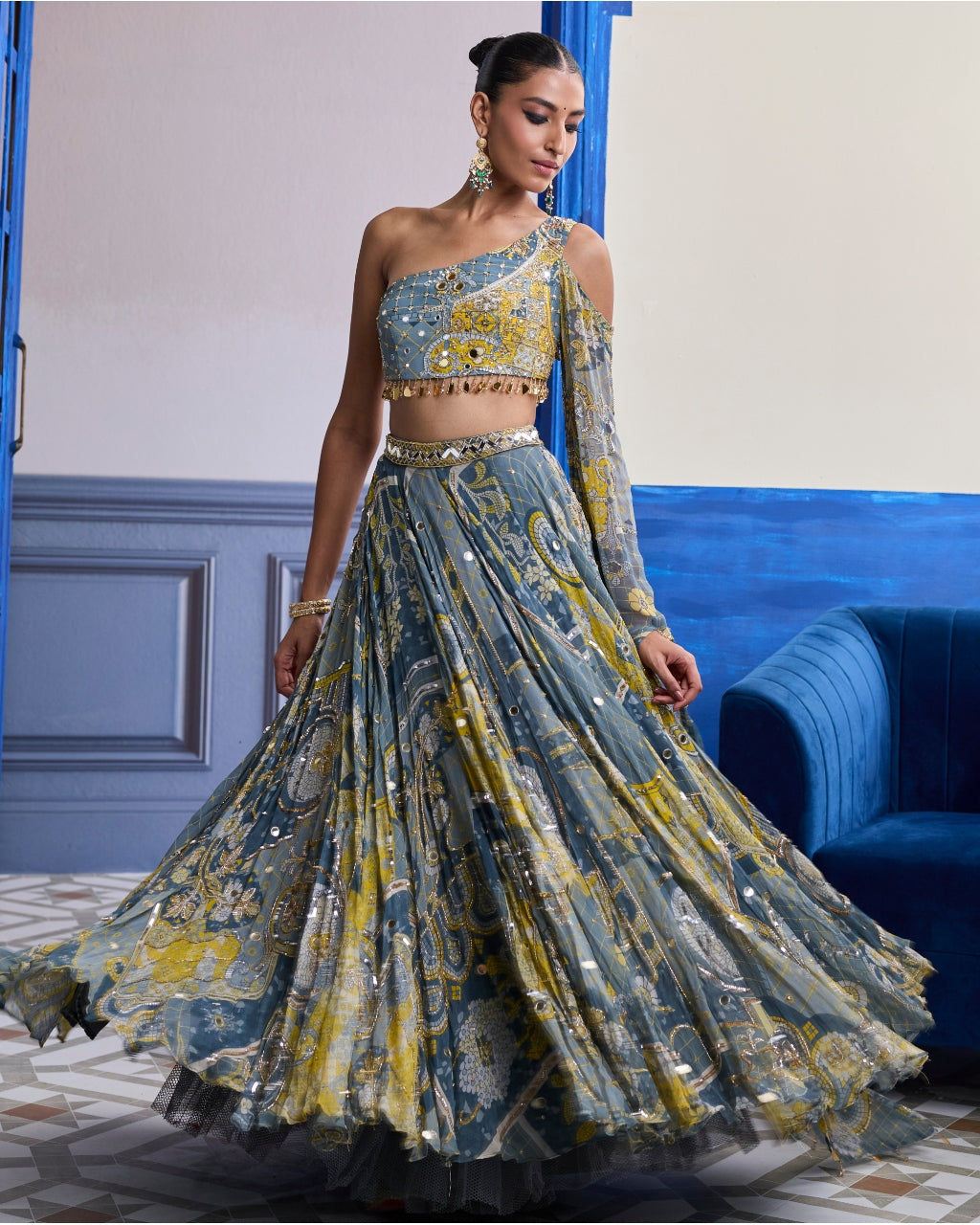 Grey Mosaic One-Shoulder Blouse With Flared Sleeves & Lehenga Set