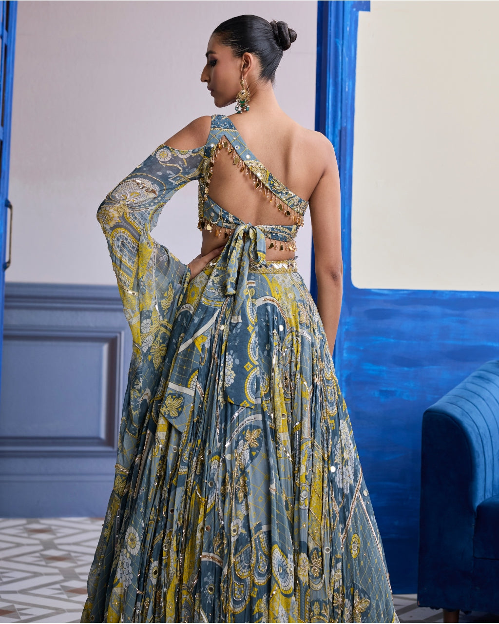 Grey Mosaic One-Shoulder Blouse With Flared Sleeves & Lehenga Set