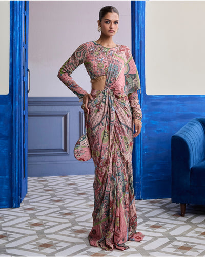 Dusk Pink Highlighted Blouse With Coordinated Printed Dhoti Sari Set