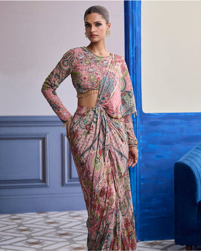 Dusk Pink Highlighted Blouse With Coordinated Printed Dhoti Sari Set