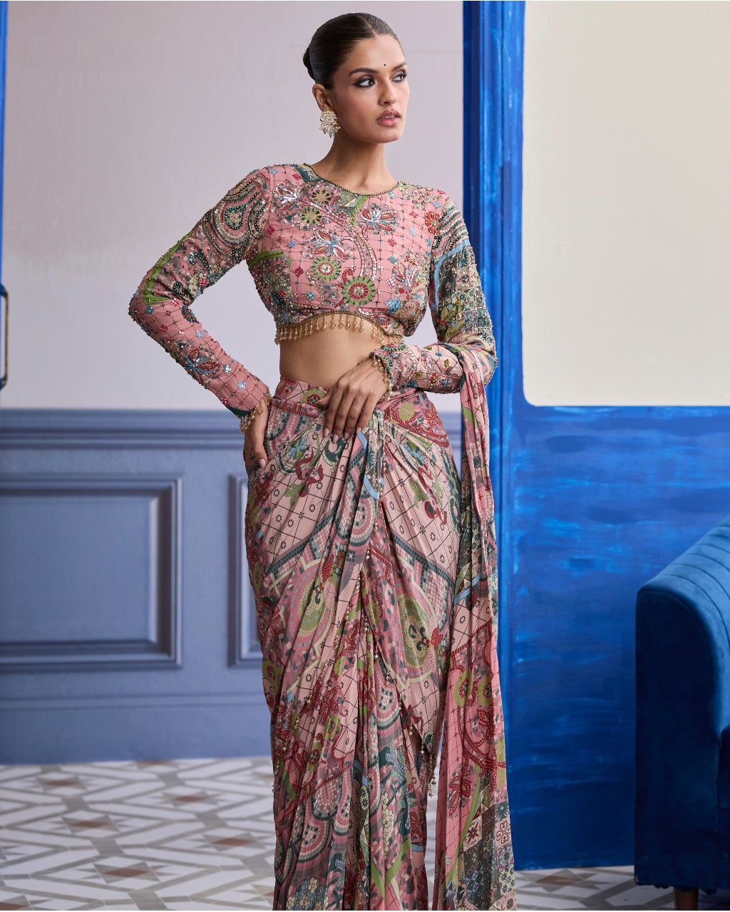 Dusk Pink Highlighted Blouse With Coordinated Printed Dhoti Sari Set
