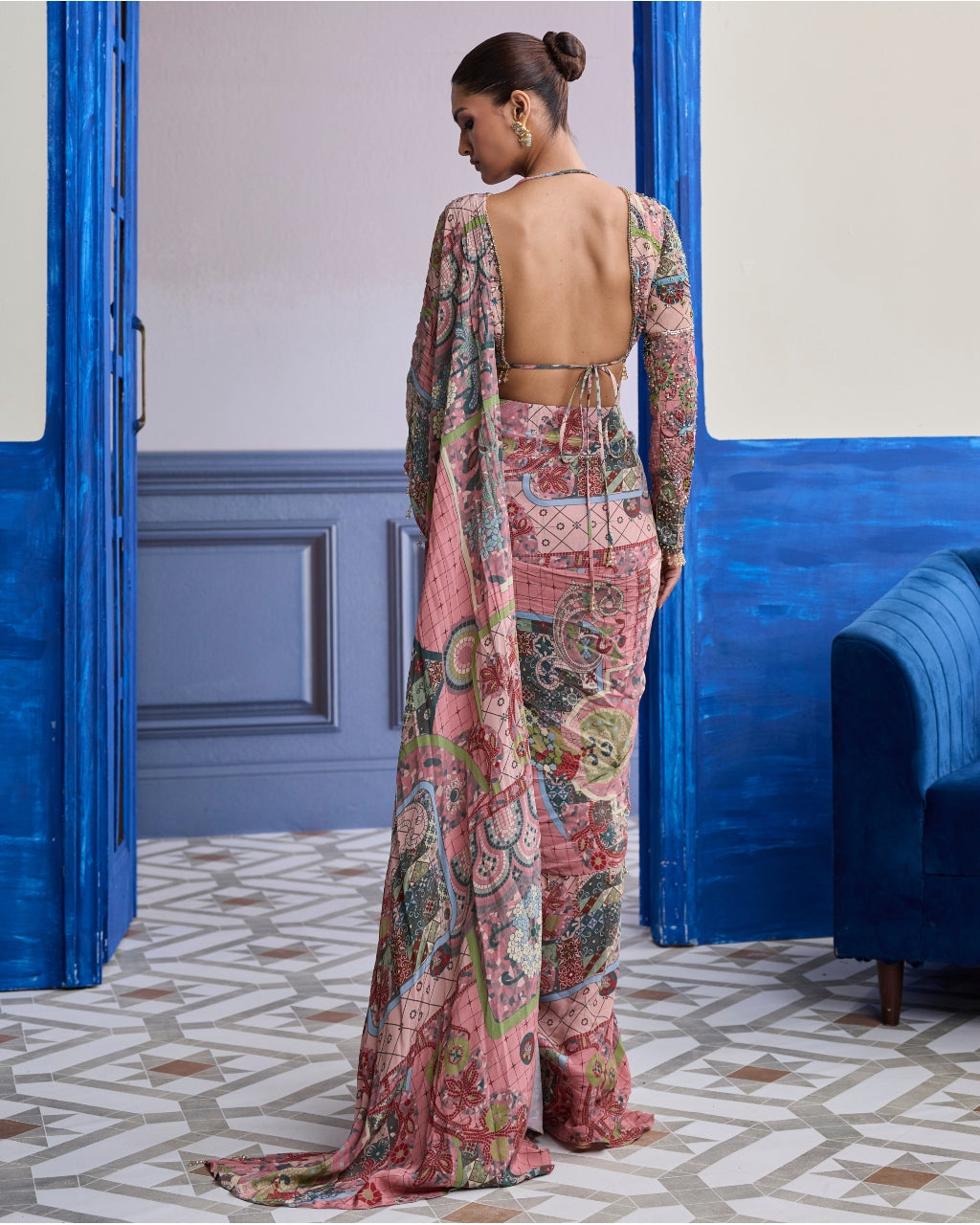 Dusk Pink Highlighted Blouse With Coordinated Printed Dhoti Sari Set