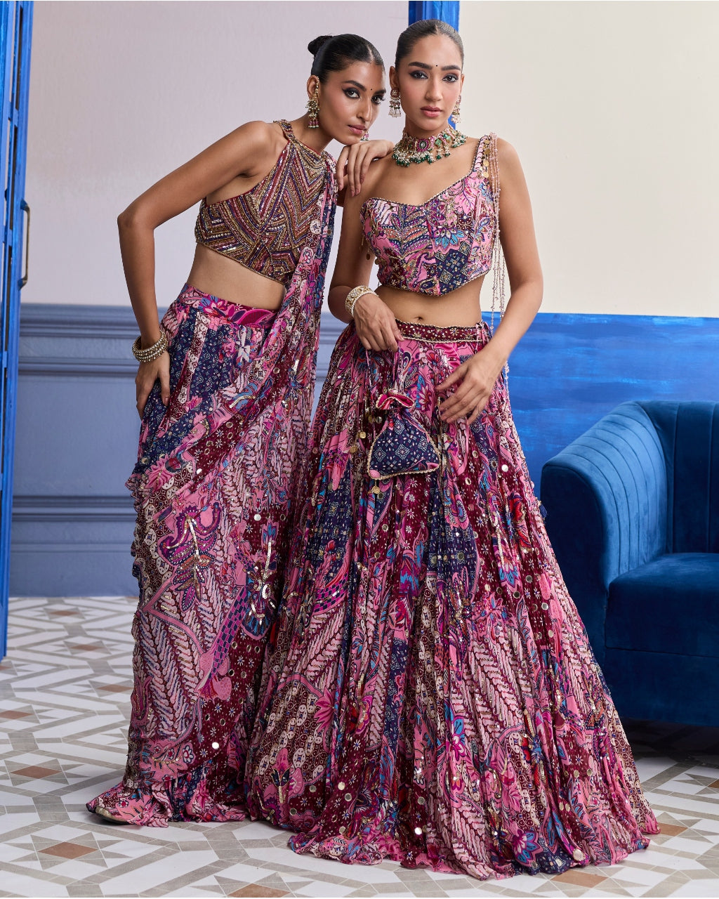 Fuchsia Floral Corset With Highlighted Lehenga Set