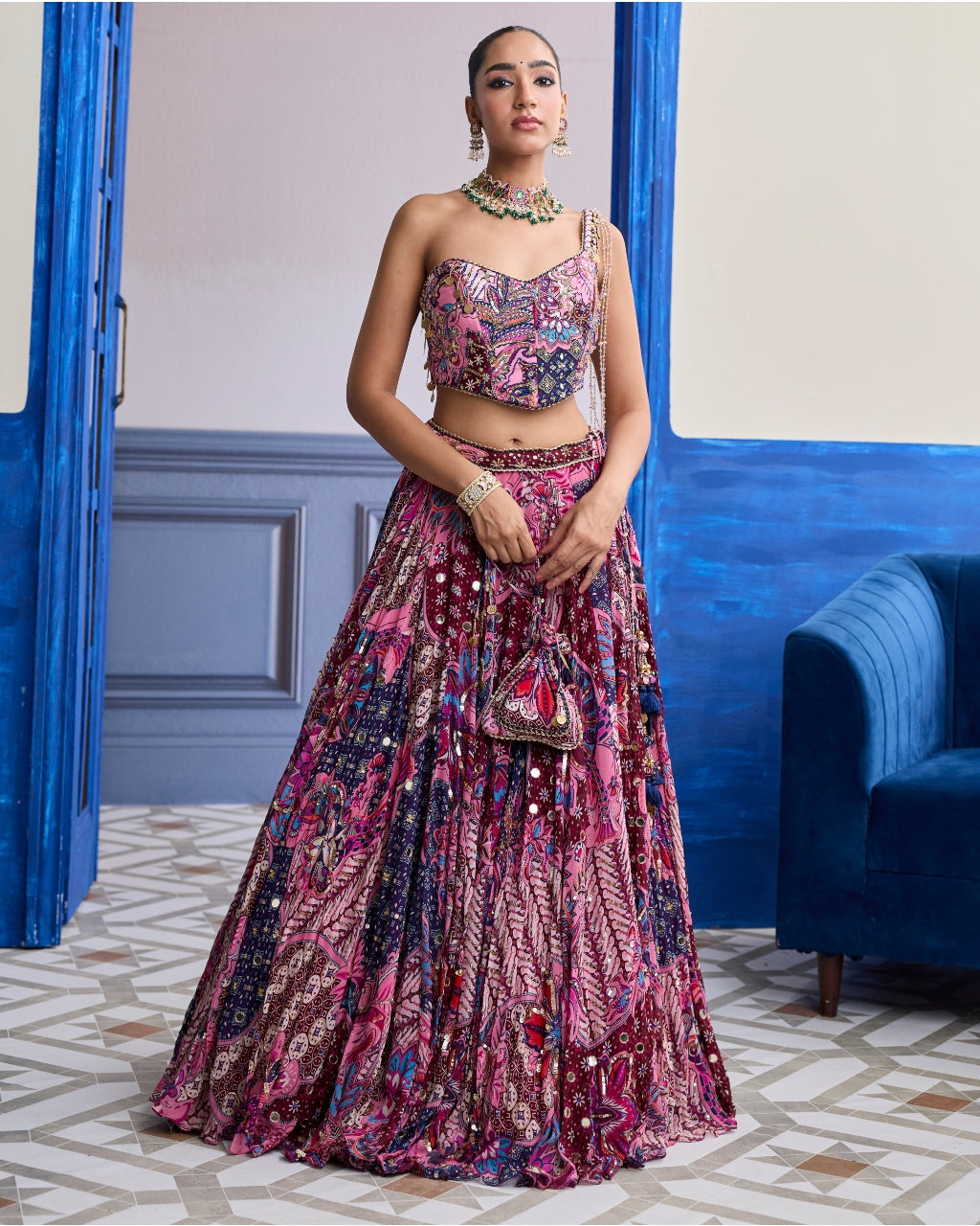 Fuchsia Floral Corset With Highlighted Lehenga Set