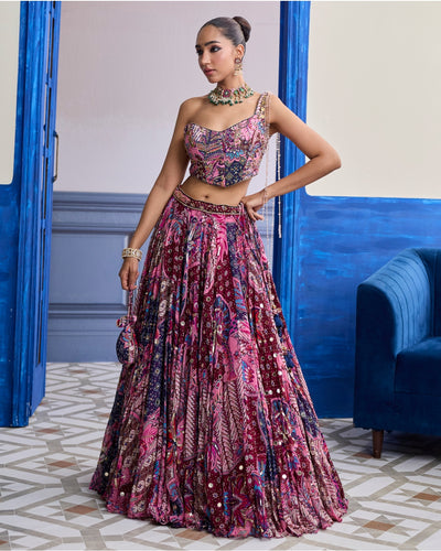 Fuchsia Floral Corset With Highlighted Lehenga Set