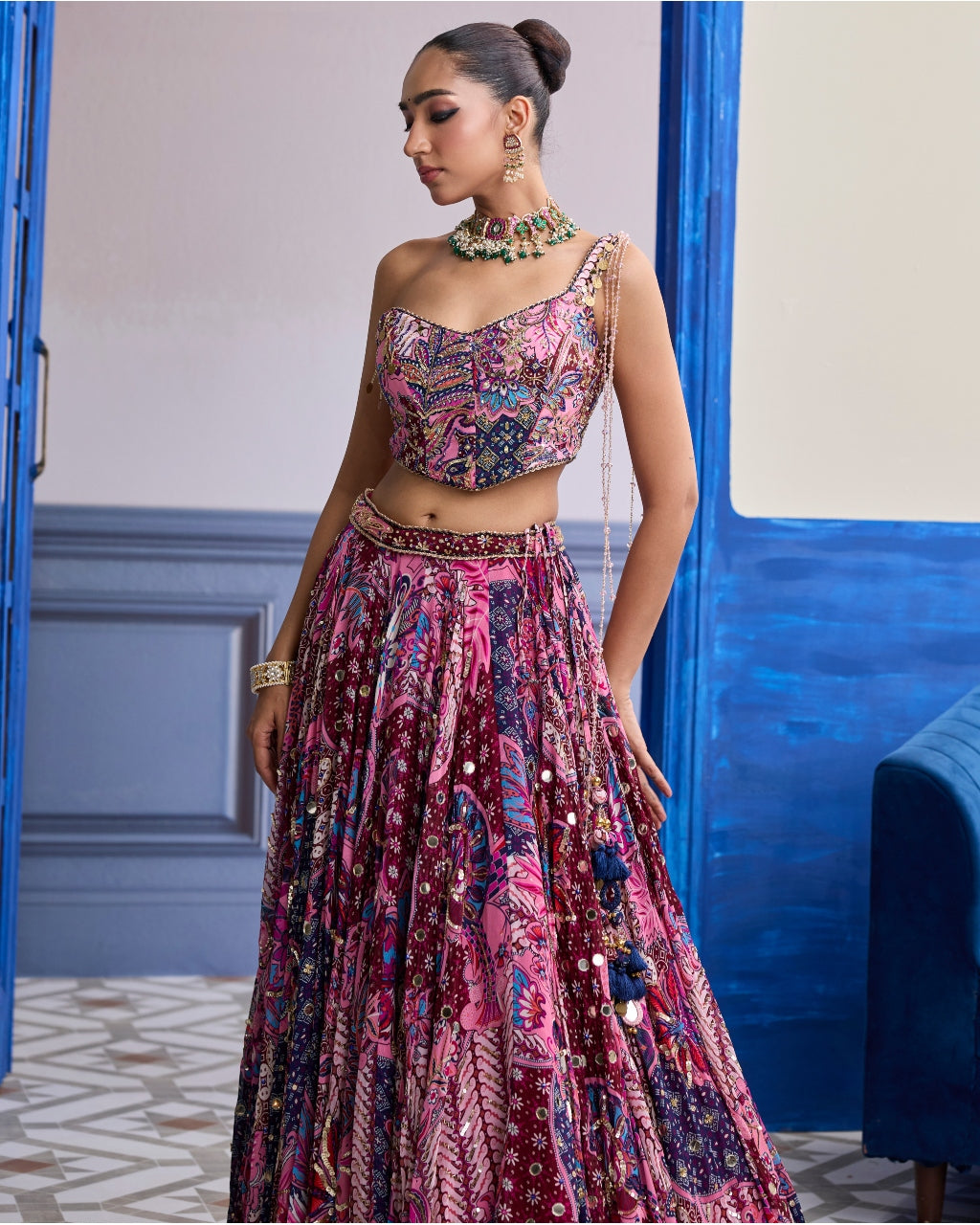 Fuchsia Floral Corset With Highlighted Lehenga Set