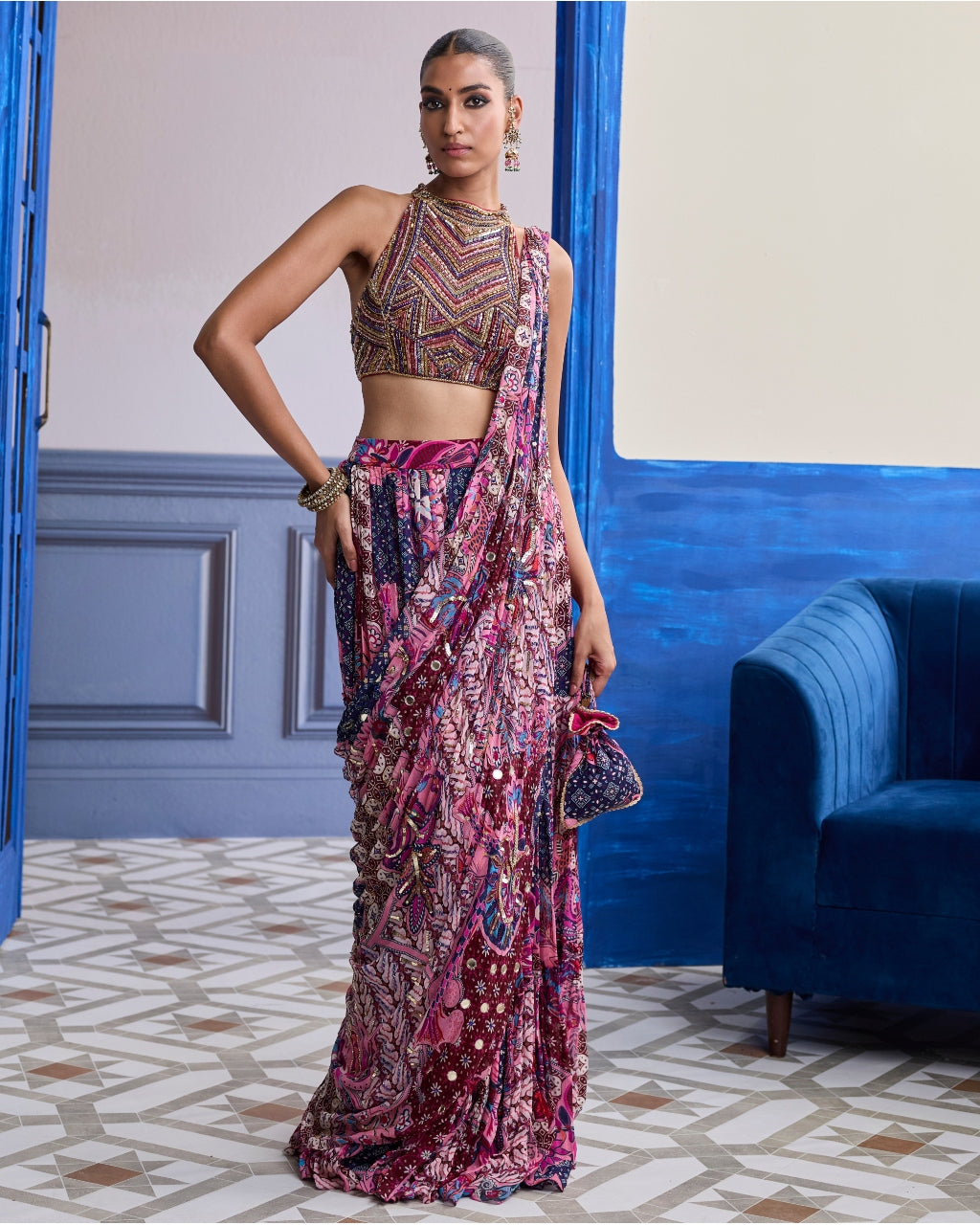 Fuchsia Embroidered Blouse With Floral Drape Tiered Sari Set