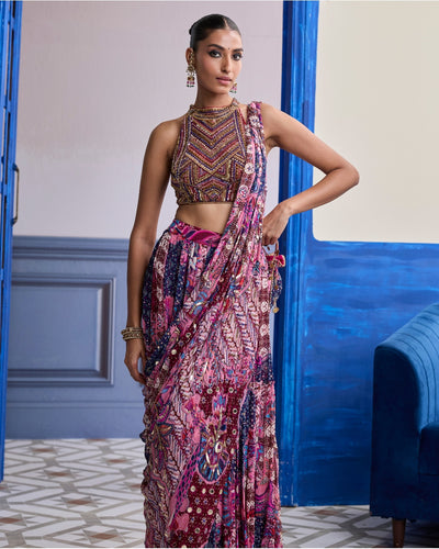 Fuchsia Embroidered Blouse With Floral Drape Tiered Sari Set