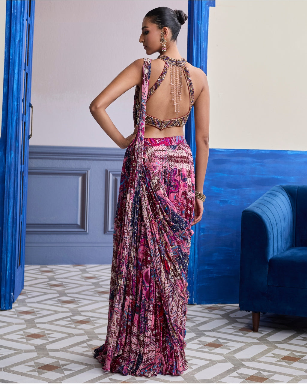 Fuchsia Embroidered Blouse With Floral Drape Tiered Sari Set