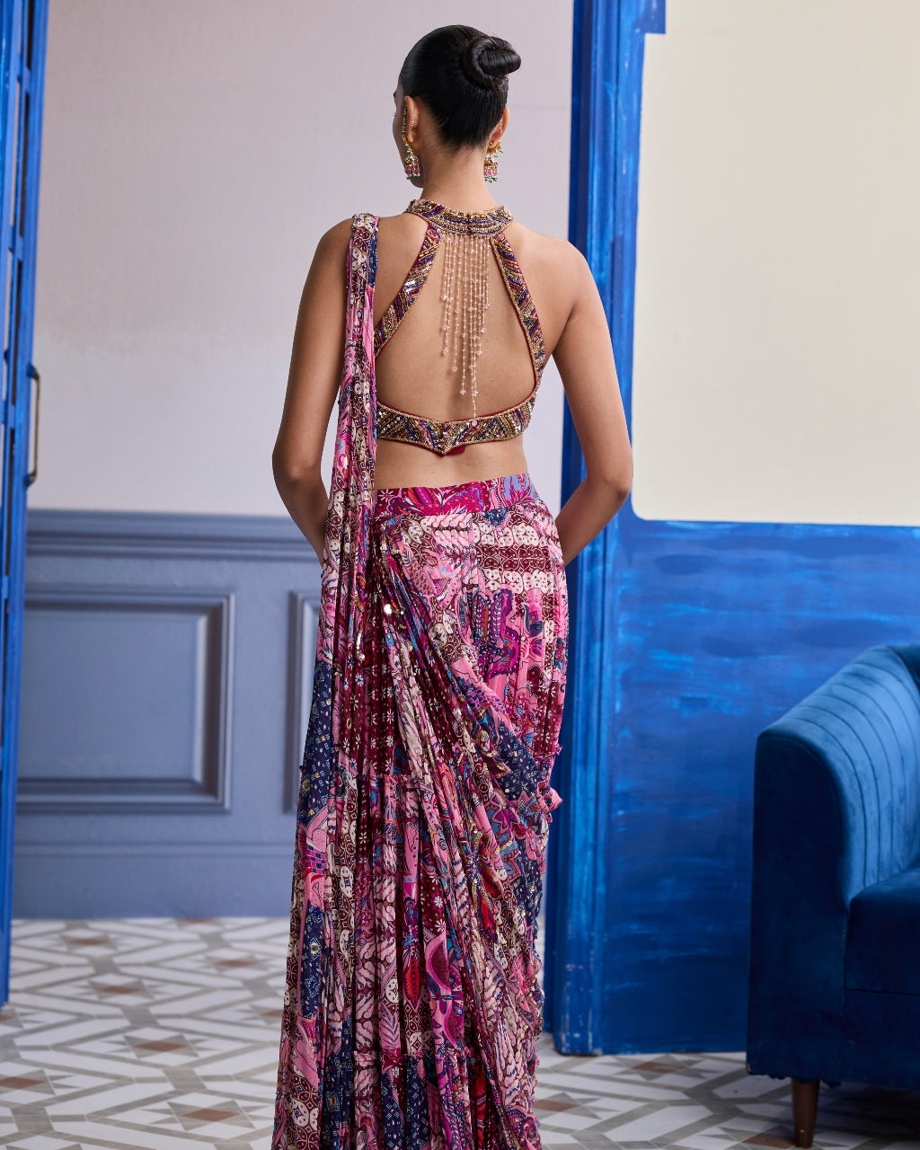 Fuchsia Embroidered Blouse With Floral Drape Tiered Sari Set
