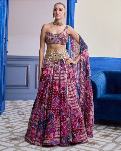 Fuchsia Floral One-Shoulder Drape Blouse With Mirror Lehenga Set
