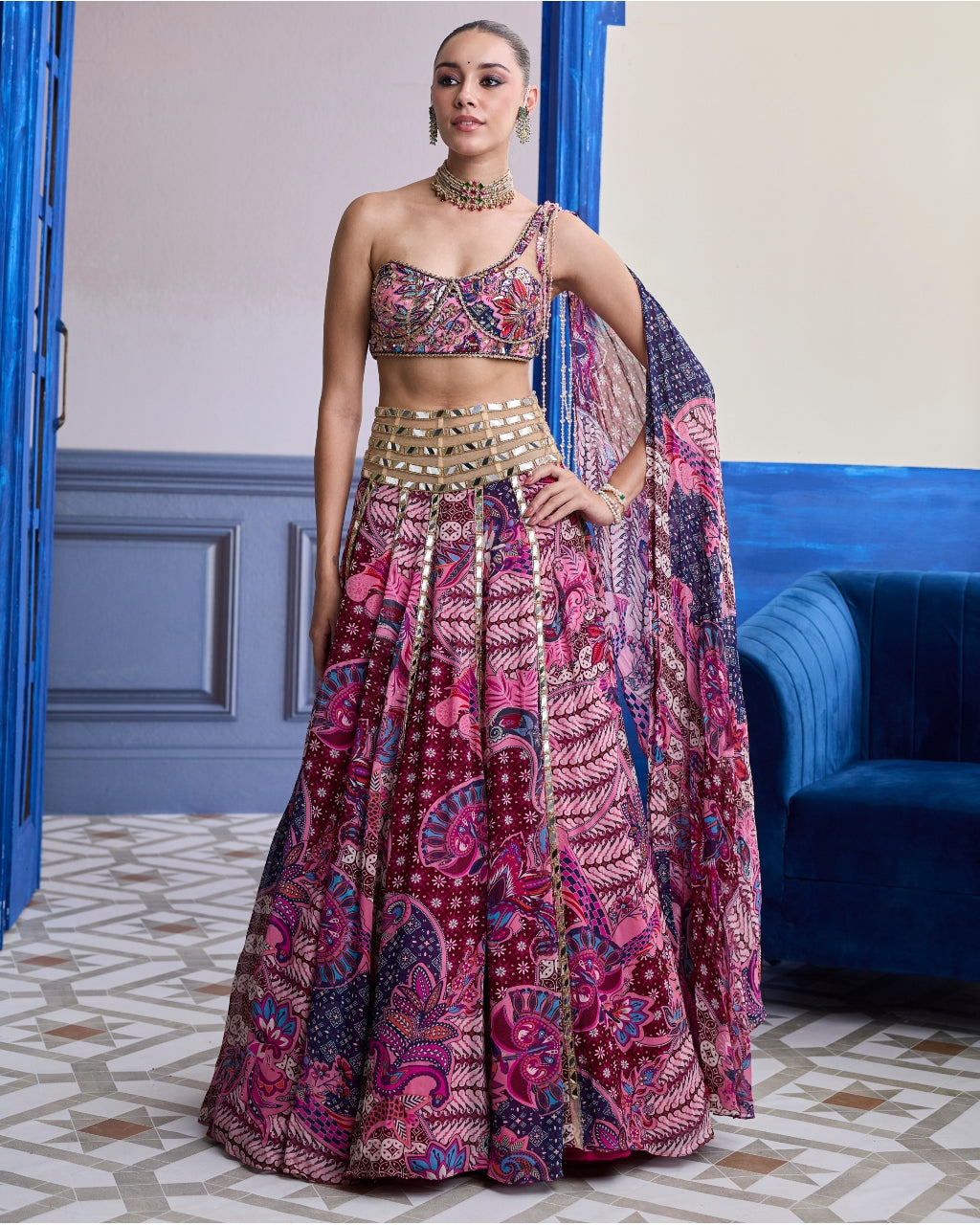 Fuchsia Floral One-Shoulder Drape Blouse With Mirror Lehenga Set