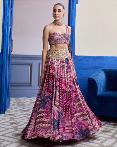 Fuchsia Floral One-Shoulder Drape Blouse With Mirror Lehenga Set