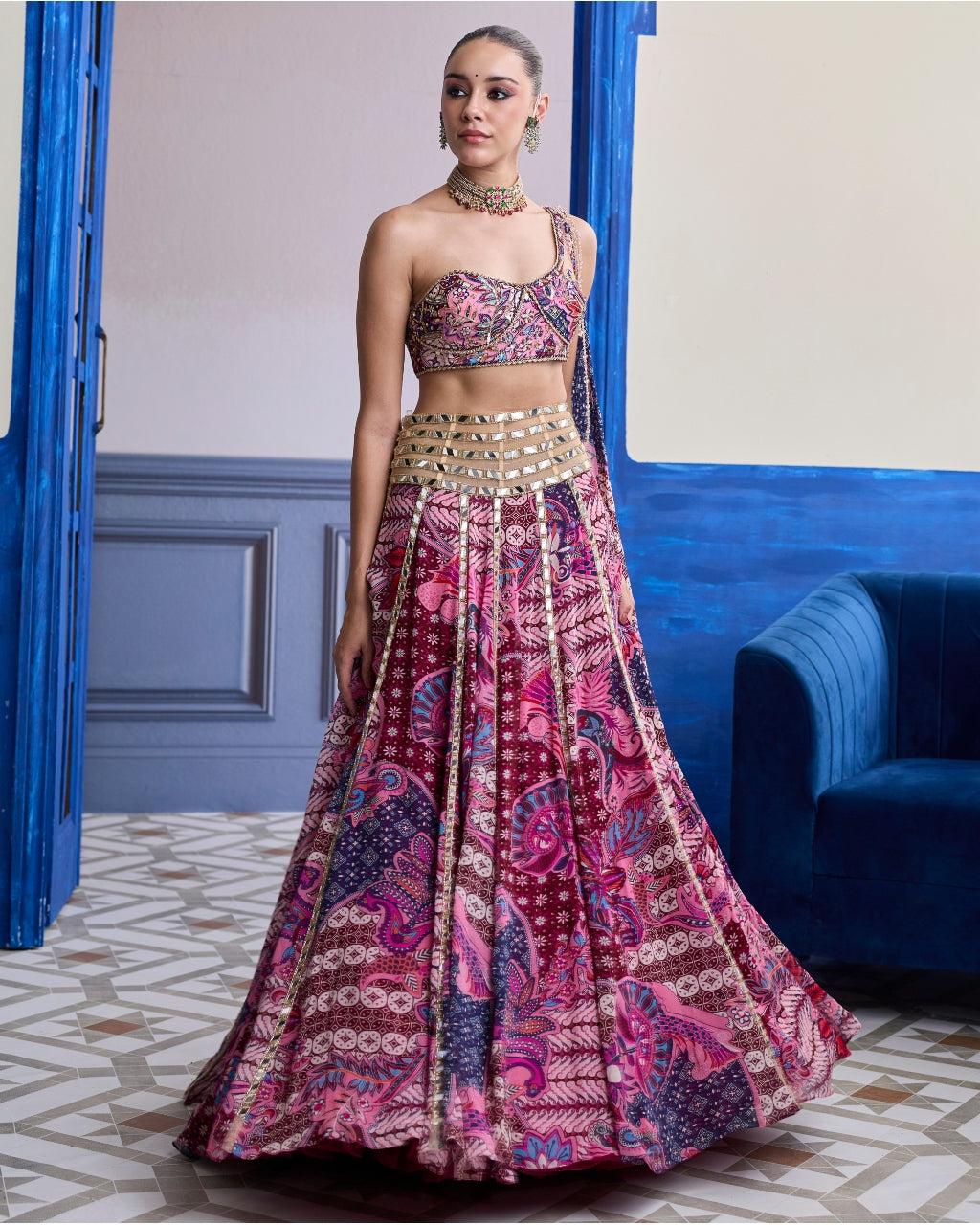 Fuchsia Floral One-Shoulder Drape Blouse With Mirror Lehenga Set