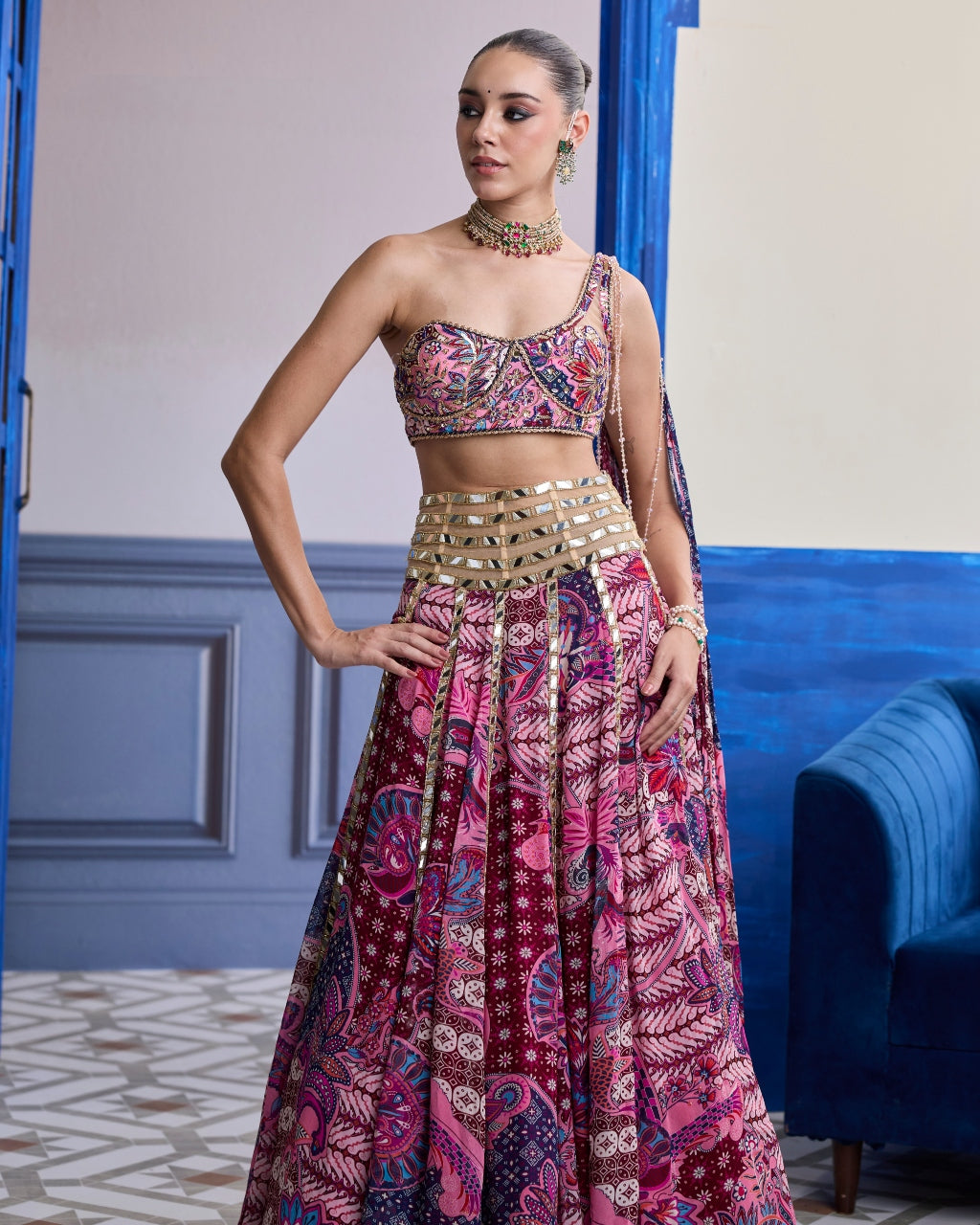 Fuchsia Floral One-Shoulder Drape Blouse With Mirror Lehenga Set
