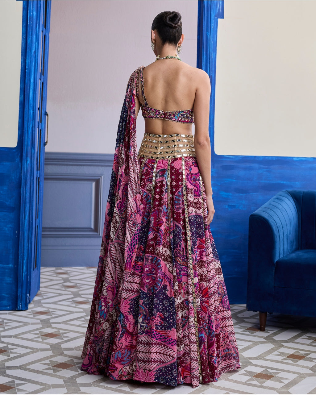 Fuchsia Floral One-Shoulder Drape Blouse With Mirror Lehenga Set