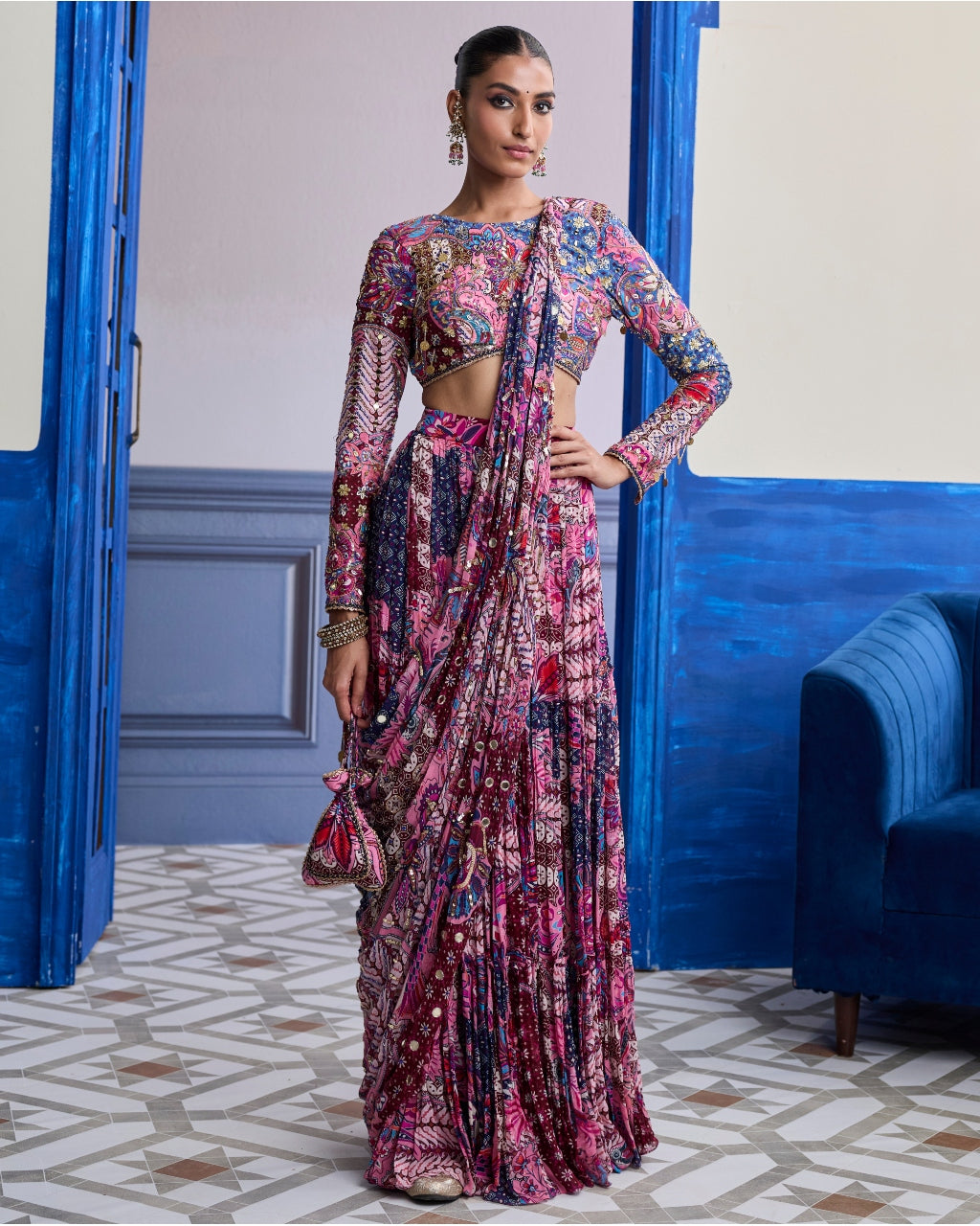 Fuchsia Floral Blouse With Drape Tiered Sari Skirt Set