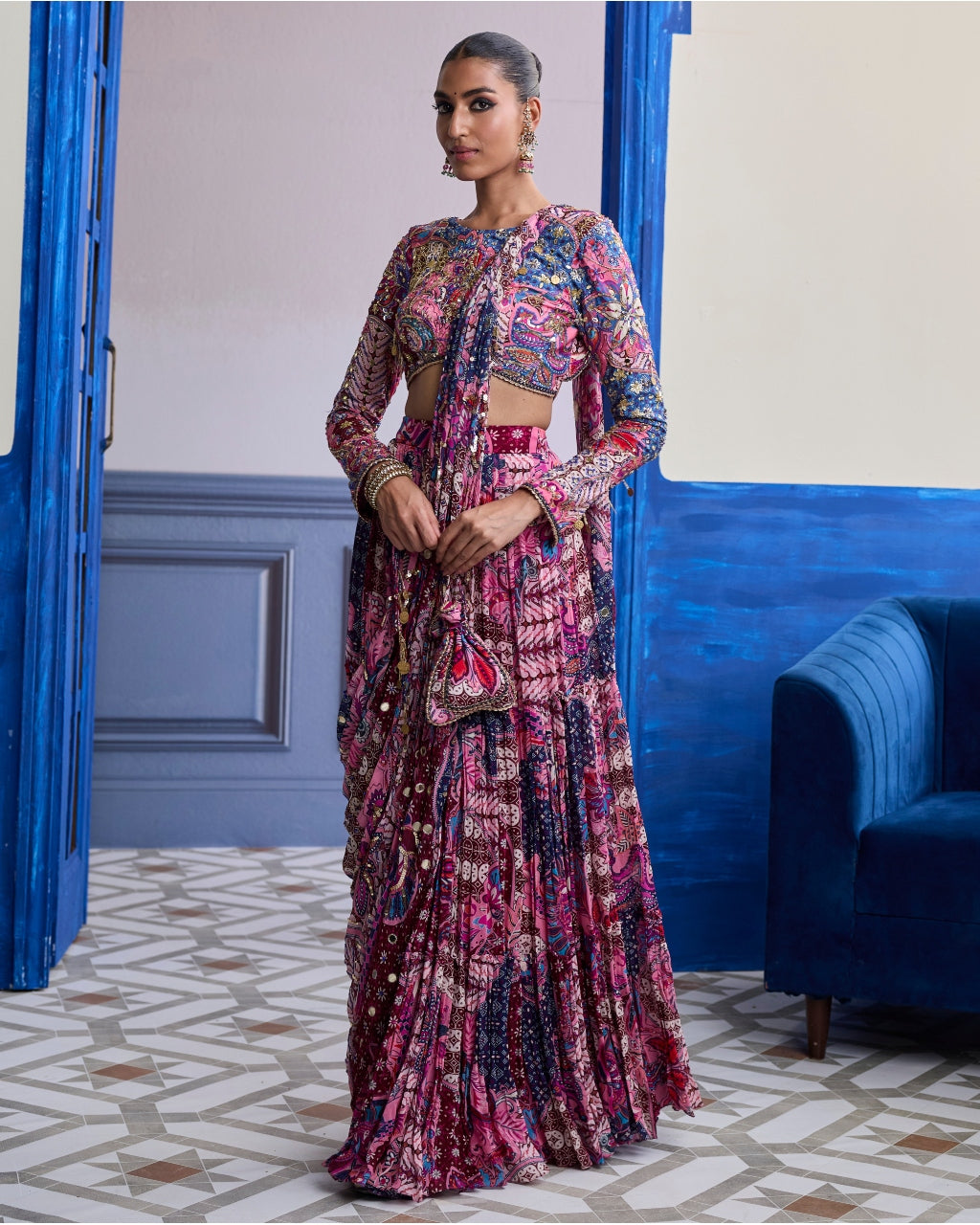Fuchsia Floral Blouse With Drape Tiered Sari Skirt Set