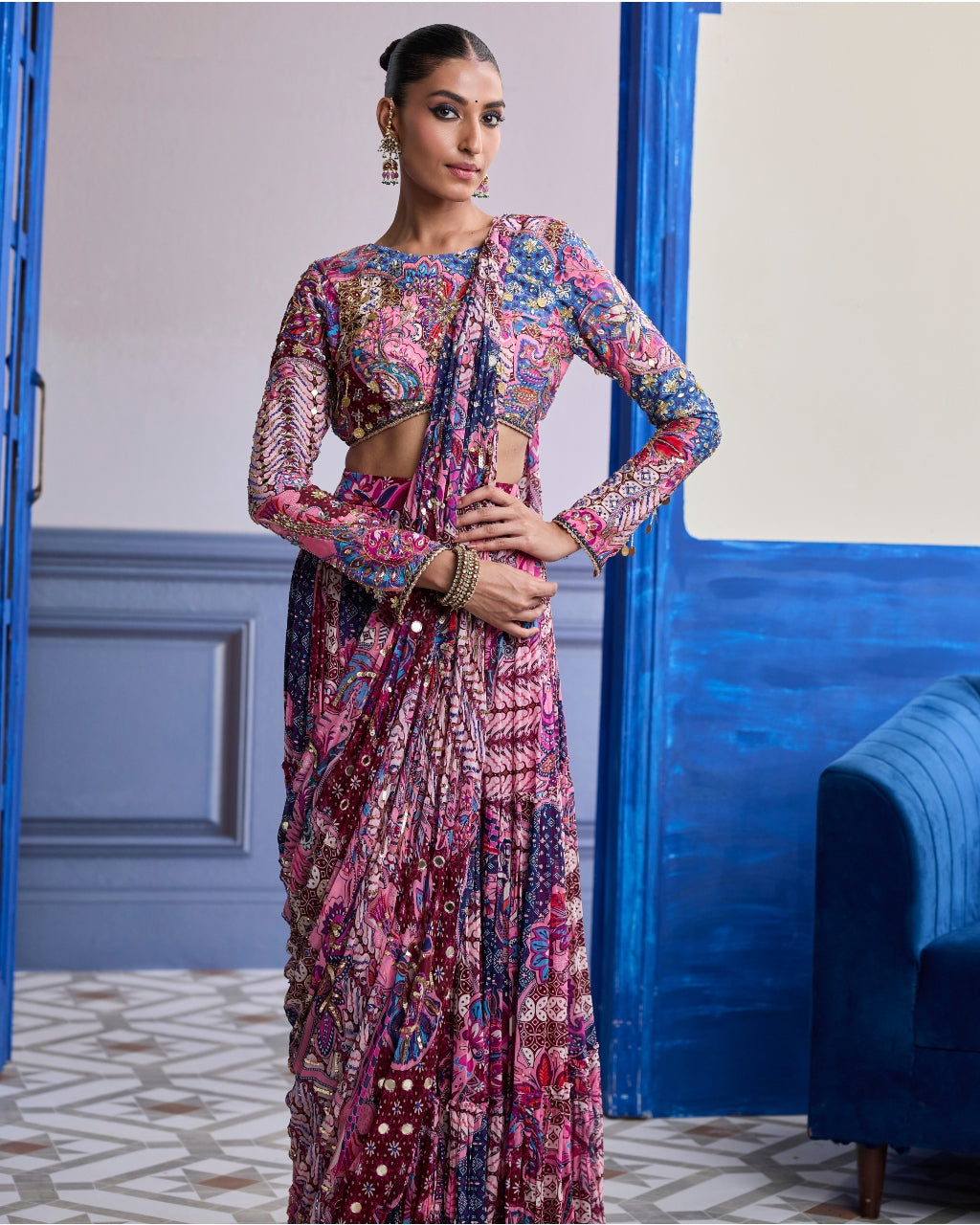 Fuchsia Floral Blouse With Drape Tiered Sari Skirt Set