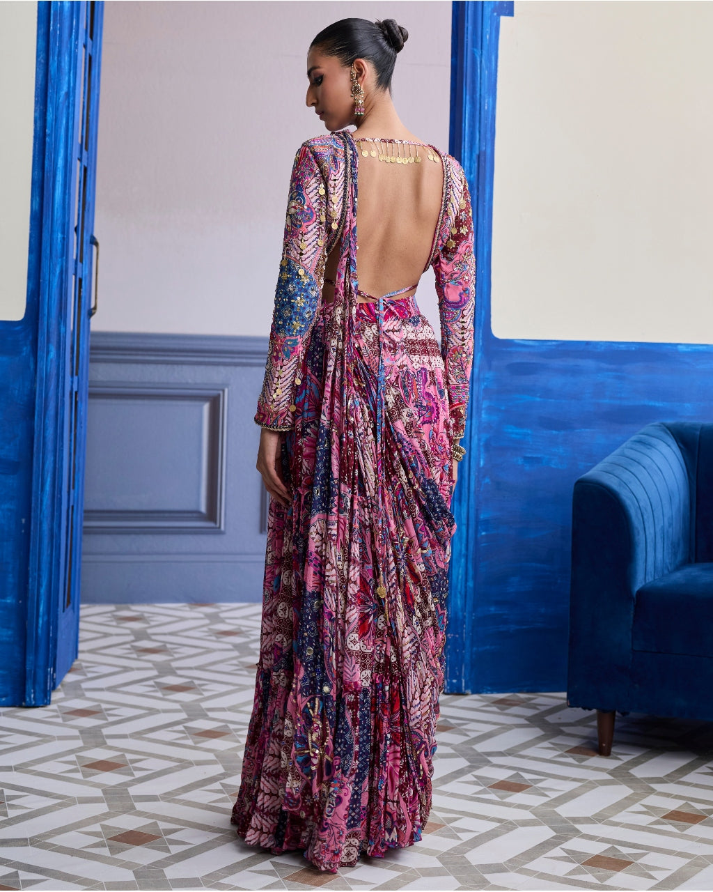 Fuchsia Floral Blouse With Drape Tiered Sari Skirt Set
