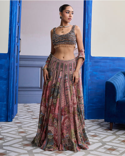 Dusk Pink Embroidered Blouse With Lace Lehenga & Tassel Dupatta Set