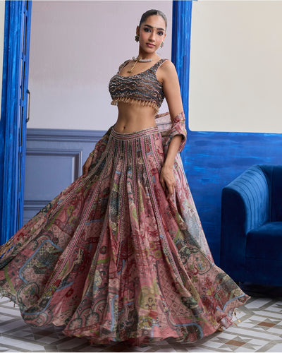 Dusk Pink Embroidered Blouse With Lace Lehenga & Tassel Dupatta Set