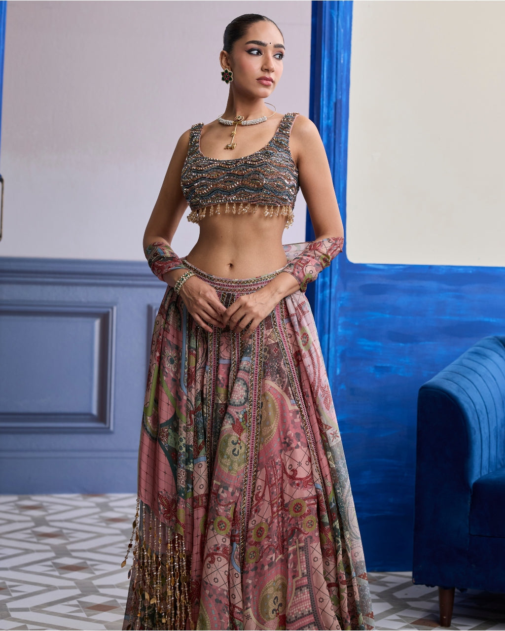 Dusk Pink Embroidered Blouse With Lace Lehenga & Tassel Dupatta Set