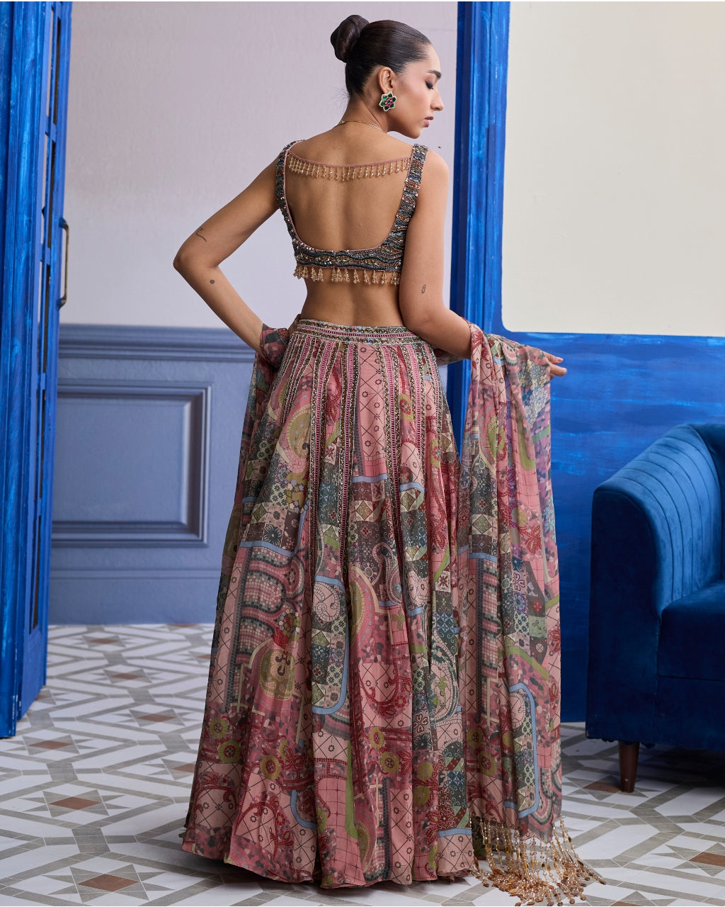 Dusk Pink Embroidered Blouse With Lace Lehenga & Tassel Dupatta Set
