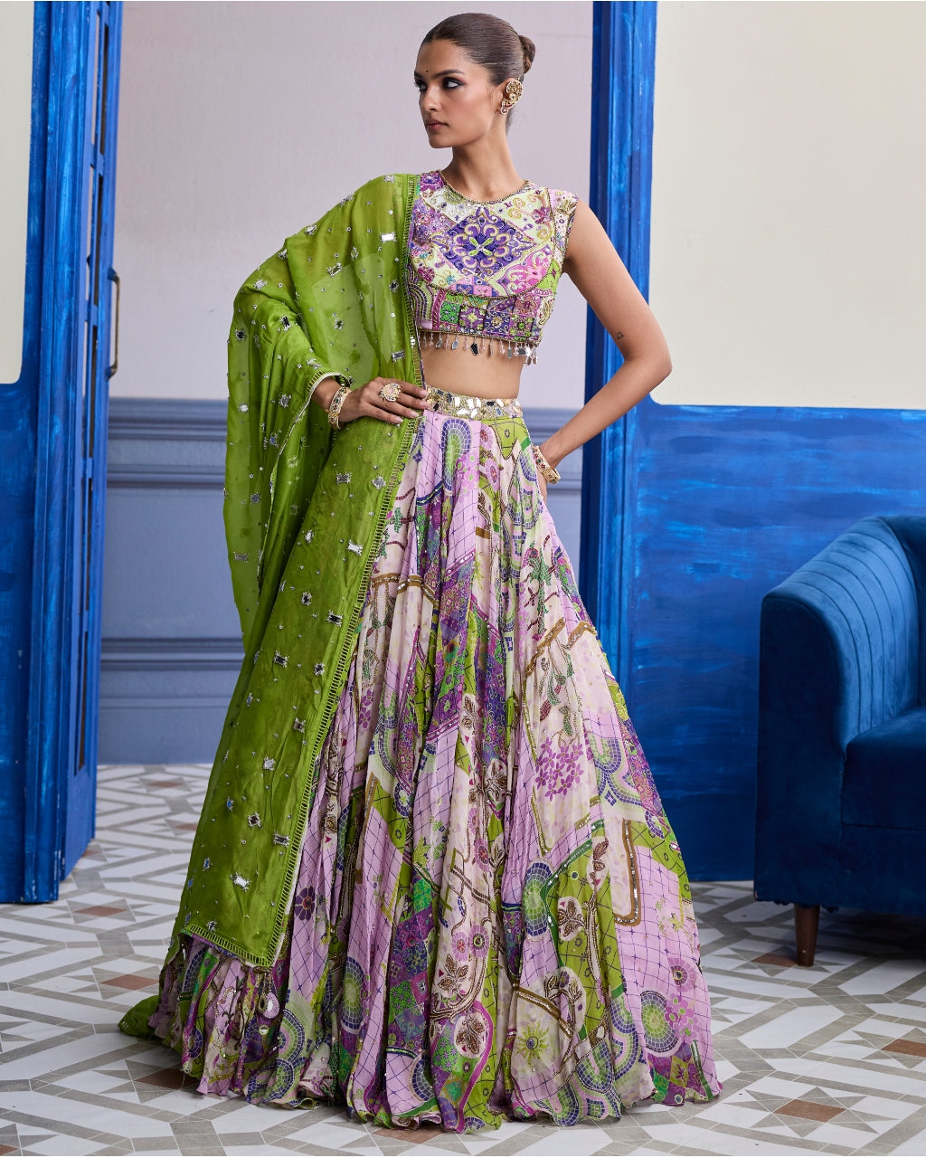 Bubblegum Mosaic Yoke Blouse With Lehenga & Embroidered Dupatta Set