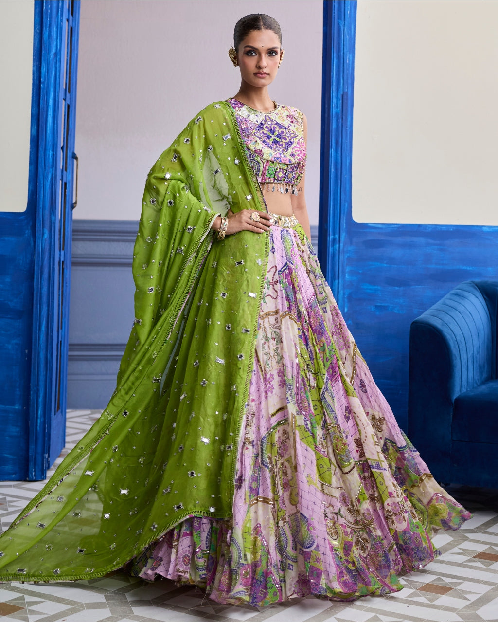 Bubblegum Mosaic Yoke Blouse With Lehenga & Embroidered Dupatta Set