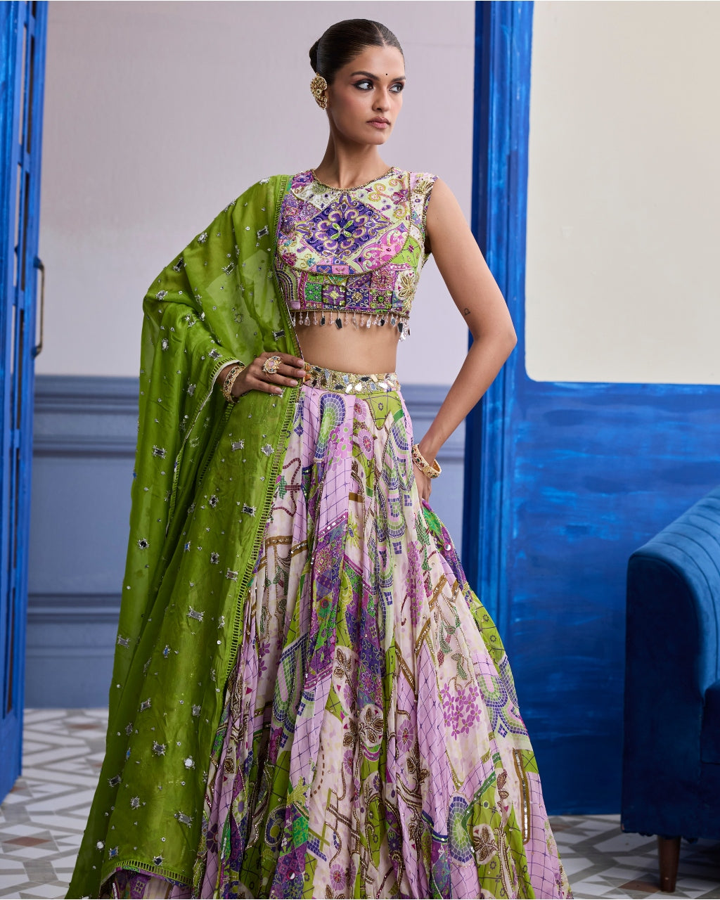 Bubblegum Mosaic Yoke Blouse With Lehenga & Embroidered Dupatta Set