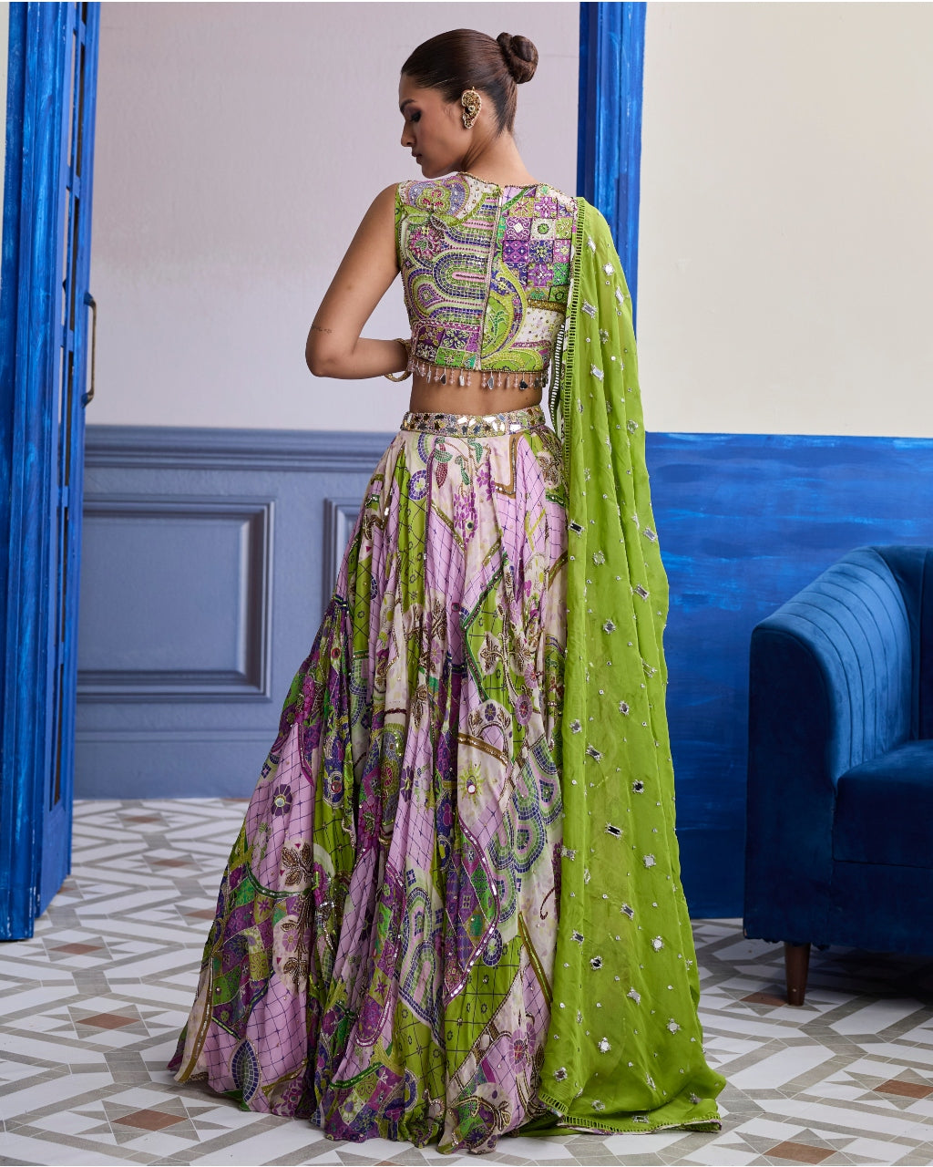 Bubblegum Mosaic Yoke Blouse With Lehenga & Embroidered Dupatta Set