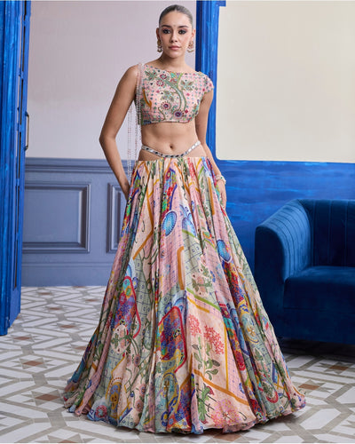 Blush Pink Mosaic Asymmetric Blouse With Tassels & Printed Skirt Set
