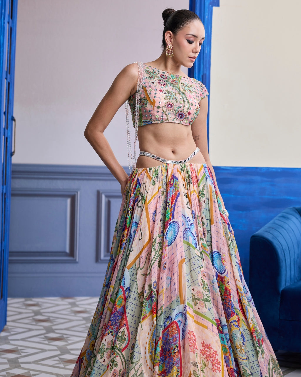 Blush Pink Mosaic Asymmetric Blouse With Tassels & Printed Skirt Set