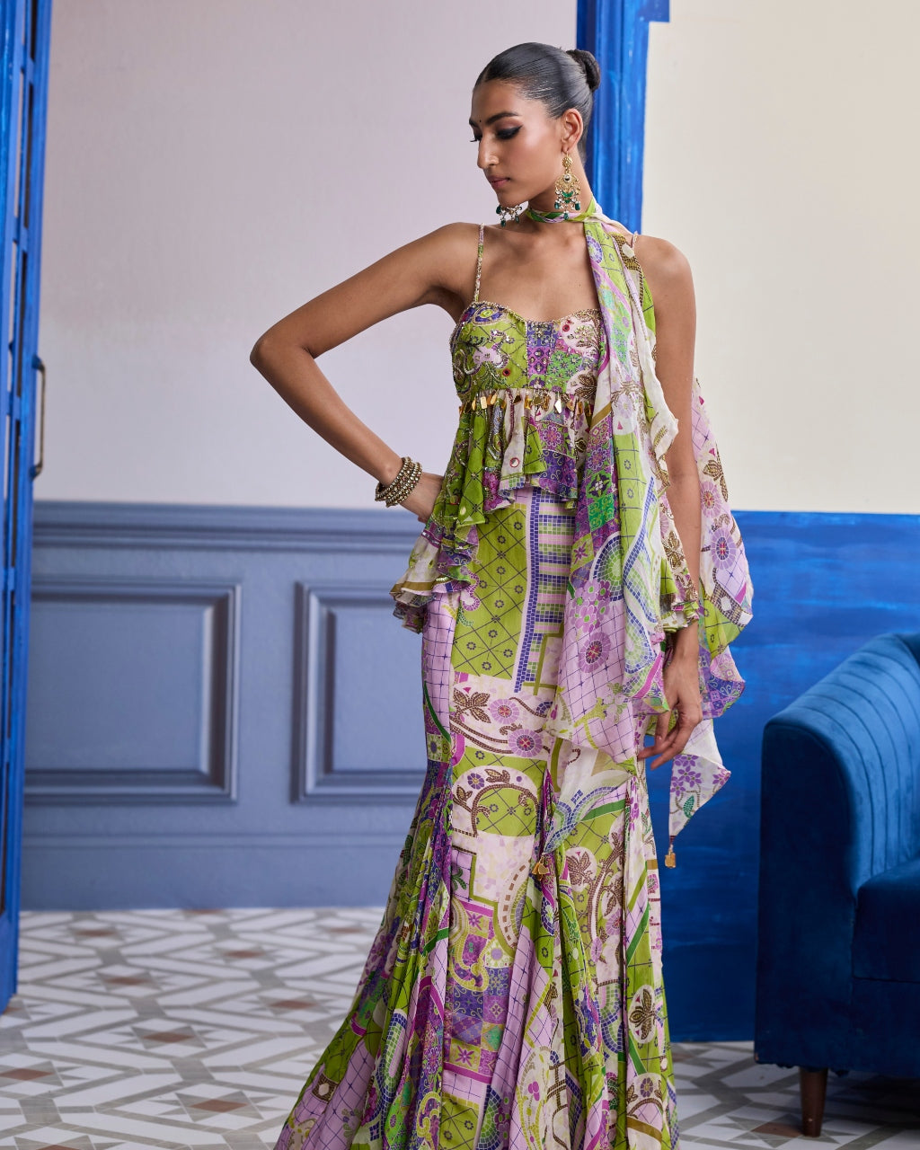 Bubblegum Mosaic Peplum With Godet Mermaid Skirt & Ruffle Scarf Set