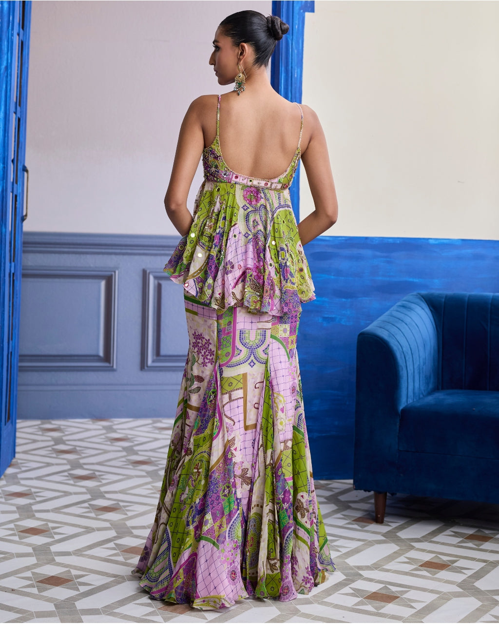 Bubblegum Mosaic Peplum With Godet Mermaid Skirt & Ruffle Scarf Set