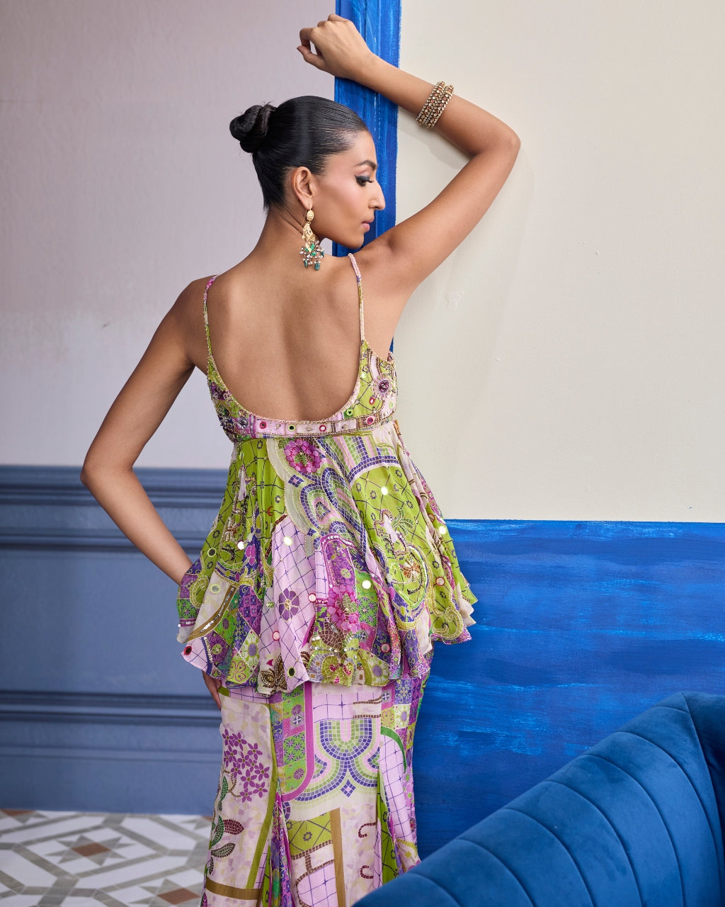 Bubblegum Mosaic Peplum With Godet Mermaid Skirt & Ruffle Scarf Set