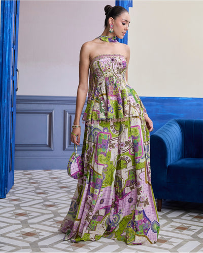 Bubblegum Mosaic Peplum Kurti With Box-Pleat Pants & Draped Dupatta Set