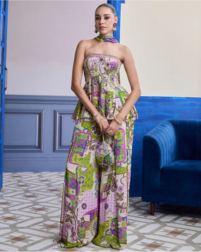 Bubblegum Mosaic Peplum Kurti With Box-Pleat Pants & Draped Dupatta Set