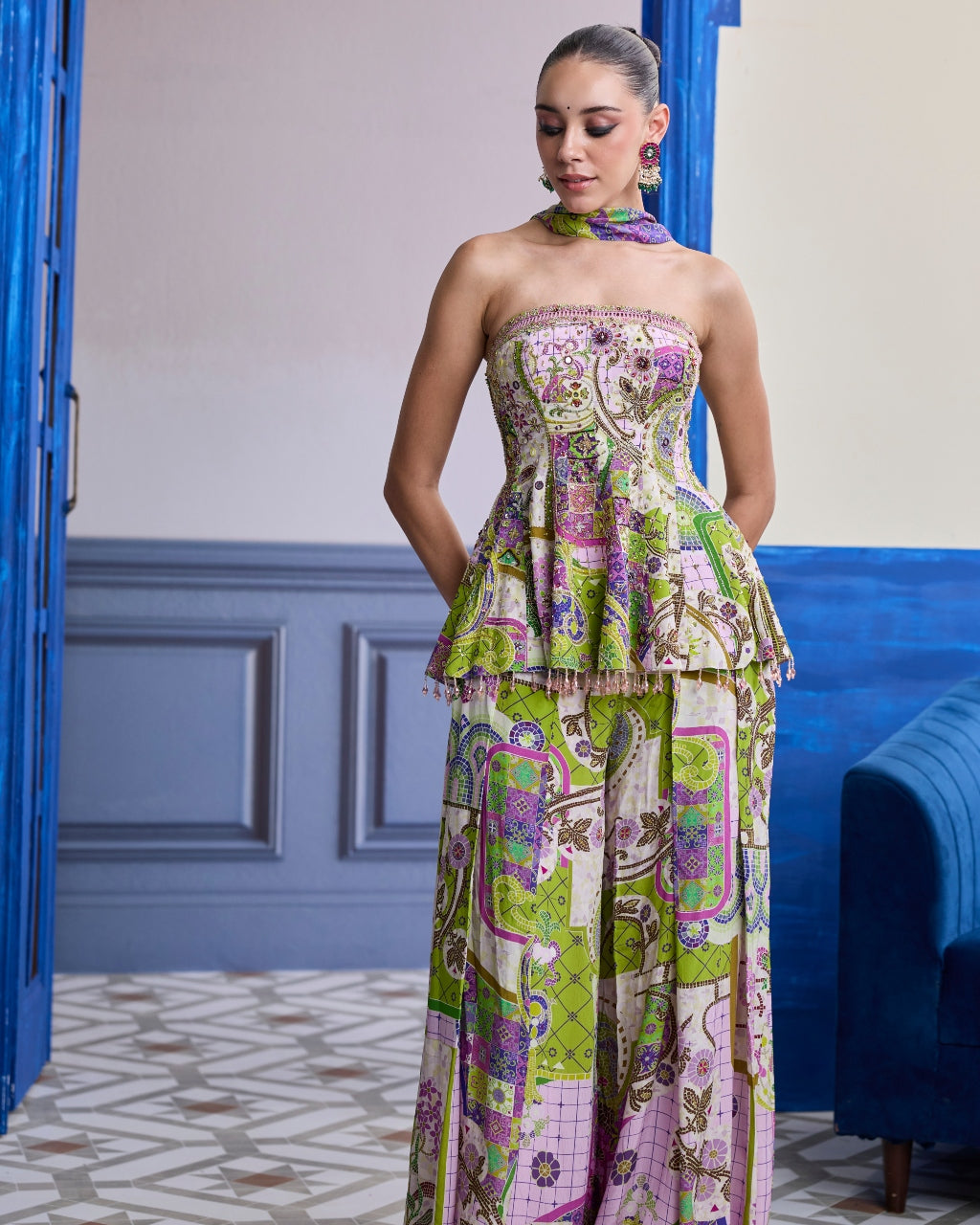 Bubblegum Mosaic Peplum Kurti With Box-Pleat Pants & Draped Dupatta Set