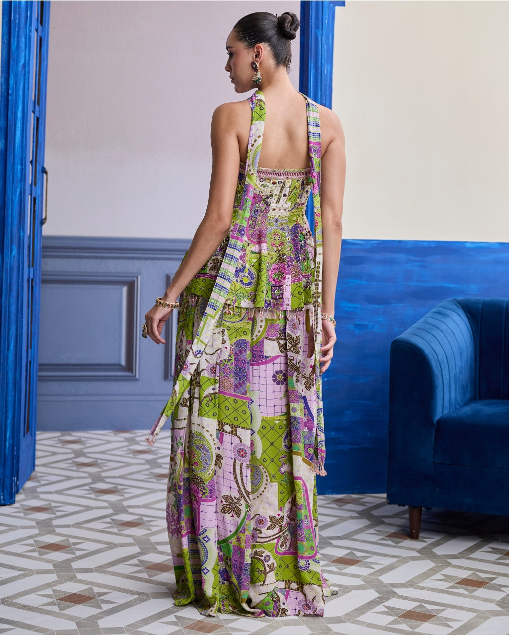 Bubblegum Mosaic Peplum Kurti With Box-Pleat Pants & Draped Dupatta Set