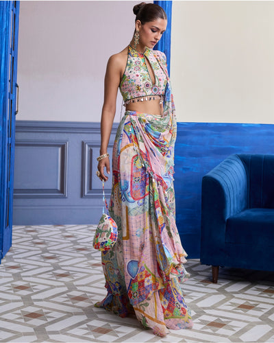 Blush Pink Mosaic Halter Blouse With Draped Cowl Skirt Sari Set