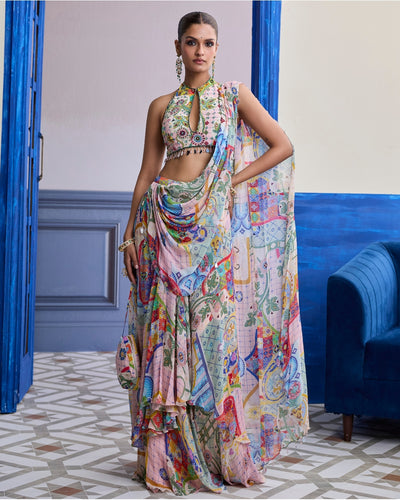 Blush Pink Mosaic Halter Blouse With Draped Cowl Skirt Sari Set