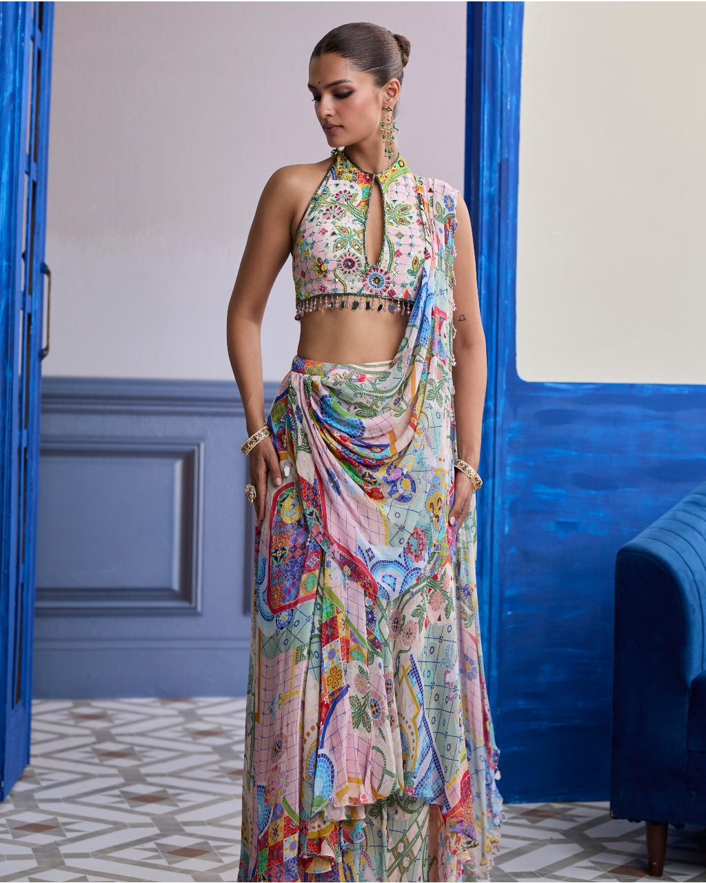 Blush Pink Mosaic Halter Blouse With Draped Cowl Skirt Sari Set