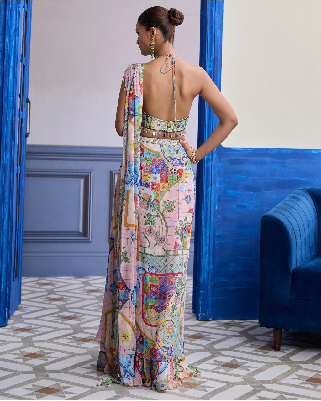 Blush Pink Mosaic Halter Blouse With Draped Cowl Skirt Sari Set