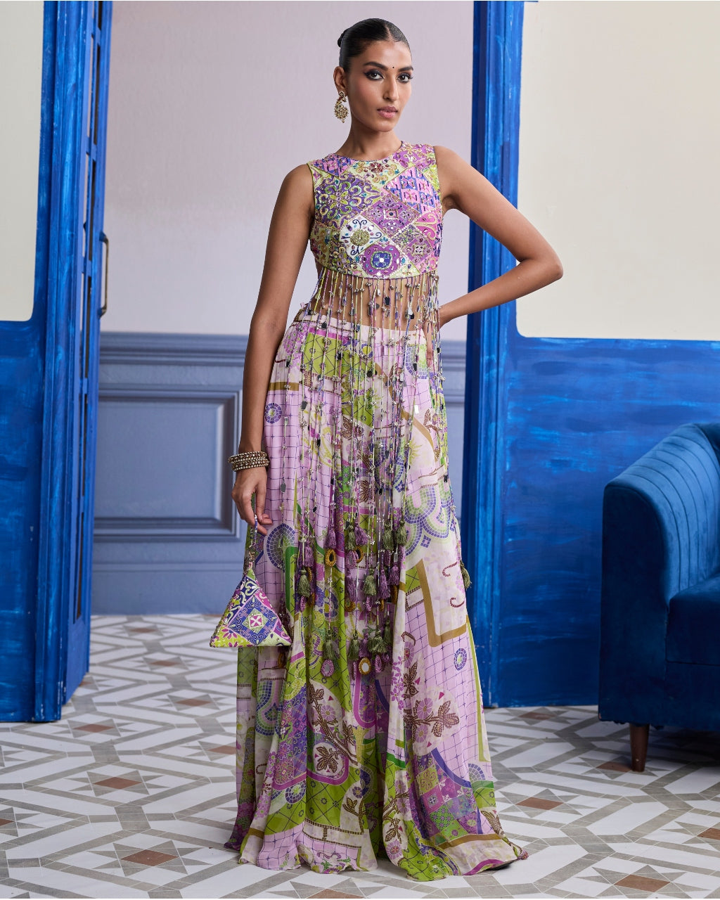 Bubblegum Mosaic Yoke Blouse With Long Tassels & Printed Sharara Set