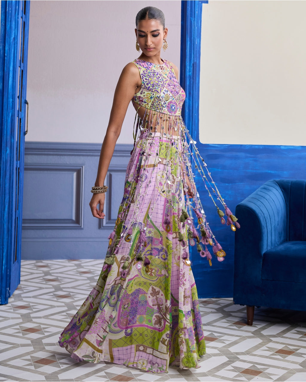 Bubblegum Mosaic Yoke Blouse With Long Tassels & Printed Sharara Set
